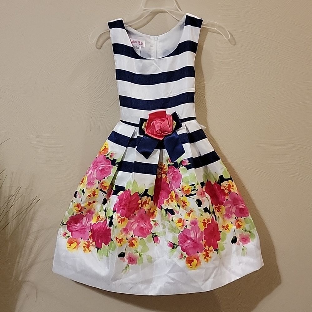 JESSICA ANN NAVY BLUE AND WHITE STRIPED SLEEVELESS DRESS WITH PINK FLORAL HEM